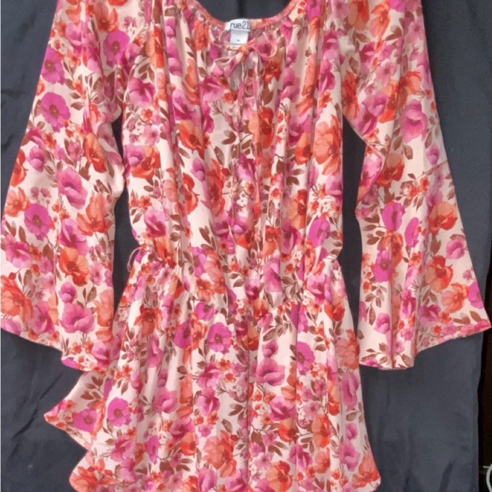 Rue21 Cream Romper with Pink & Orange Floral Print